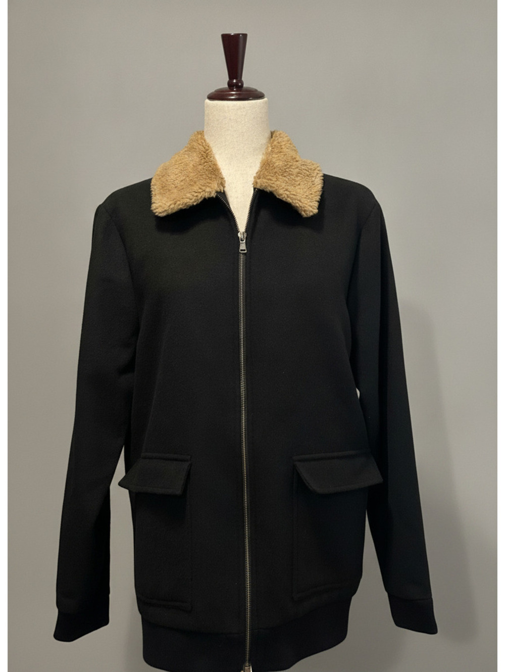 Open Edit Black Women's Jacket with Faux Fur Collar